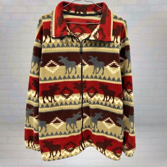 Vintage Moose Fleece Jacket 90s Zip Up | Retro Aztec Cabin Coat | Size Medium - Picture 1 of 4